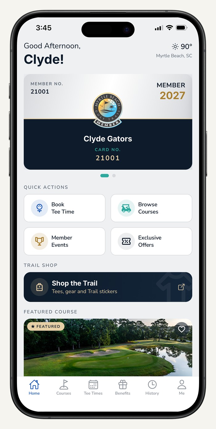 The Myrtle Beach Golf Trail app home screen, showing a member's digital card, quick actions for booking a tee time and browsing courses, and a featured course