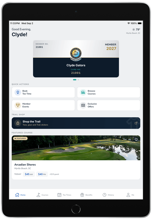 The Myrtle Beach Golf Trail app on an iPad, showing a member's digital card, quick actions and a featured course