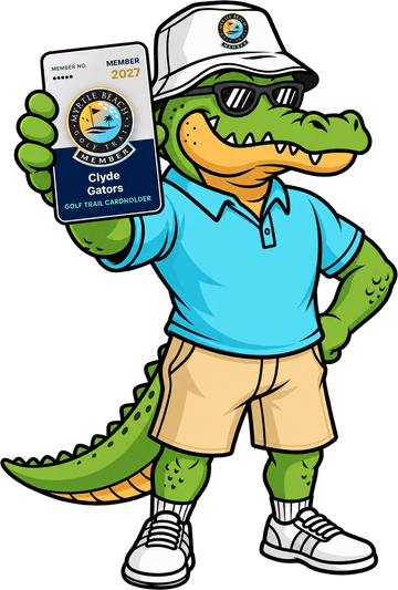 Clyde, the Golf Trail mascot, holding up a 2027 member card